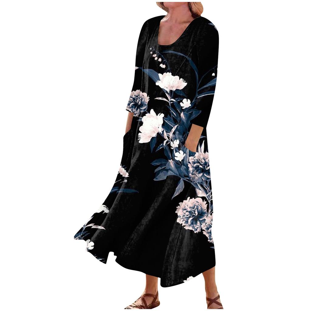 Dámské neformální pohodlné bavlněné kapsové šaty s tříčtvrtečním rukávem s květinovým potiskem