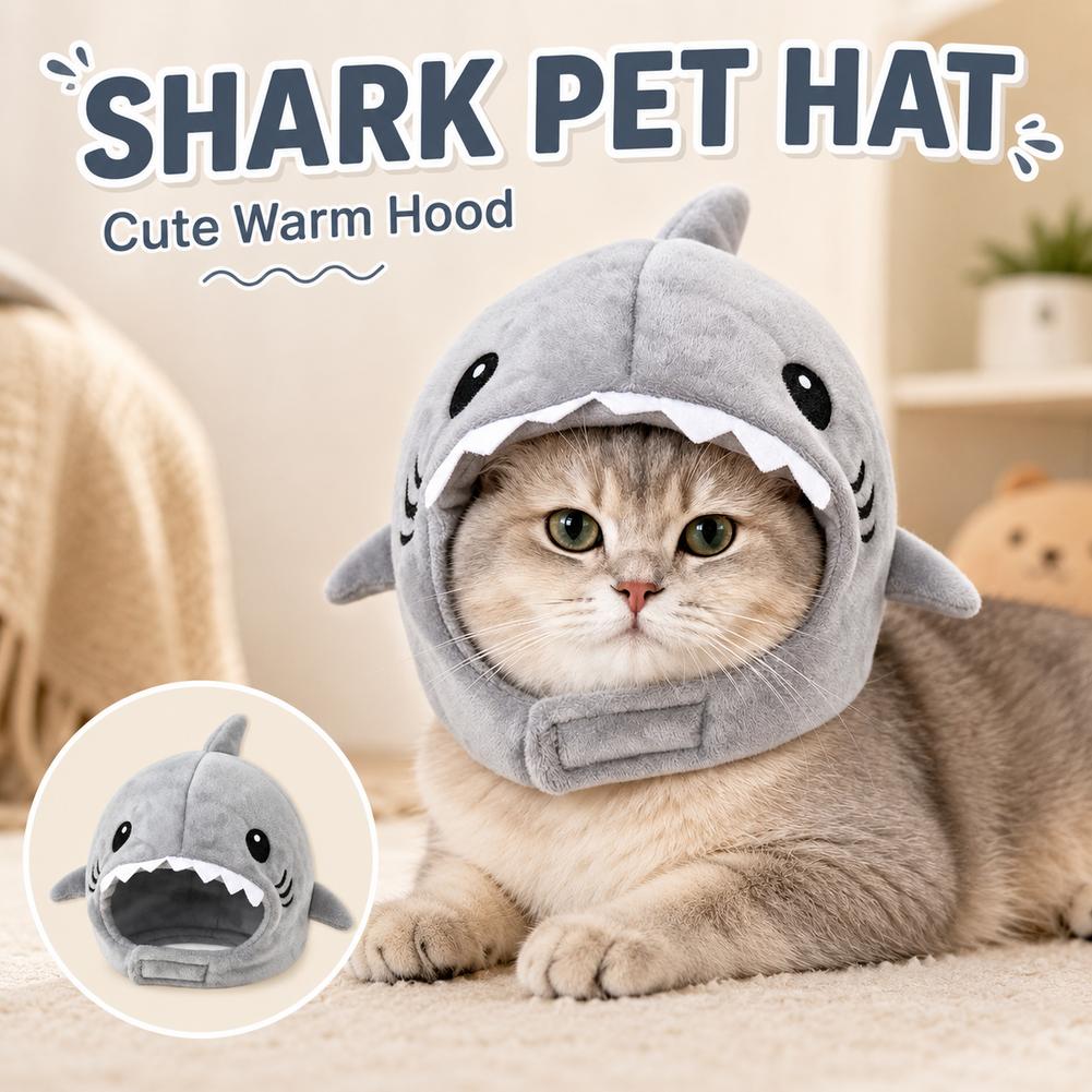 Funny Adjustable Cat Shark Headdress Warm Soft Cat Decorative Hat Cute Cartoon Cat Warm Hat Cosplay Party Pet Head Cover