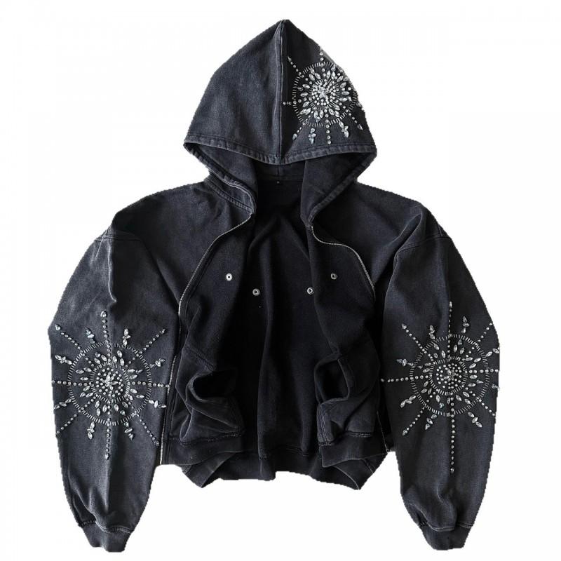 Unisex Retro Hooded Zip-Up Sweatshirt With 3D Embellished Rhinestone Design Streetwear Batwing Sleeve