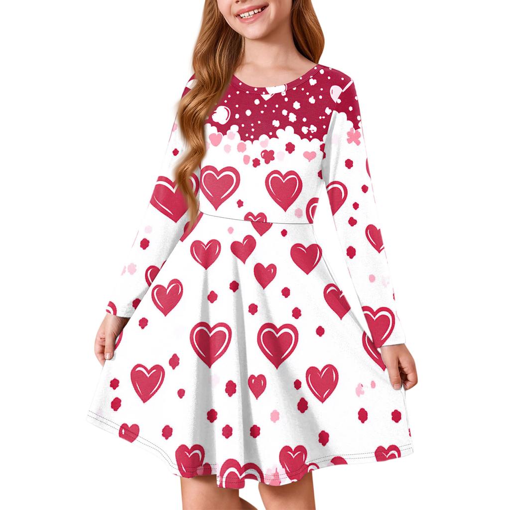 Flickors sommarprinsessklänning, långärmad A-linje t-shirtklänning Alla hjärtans dag