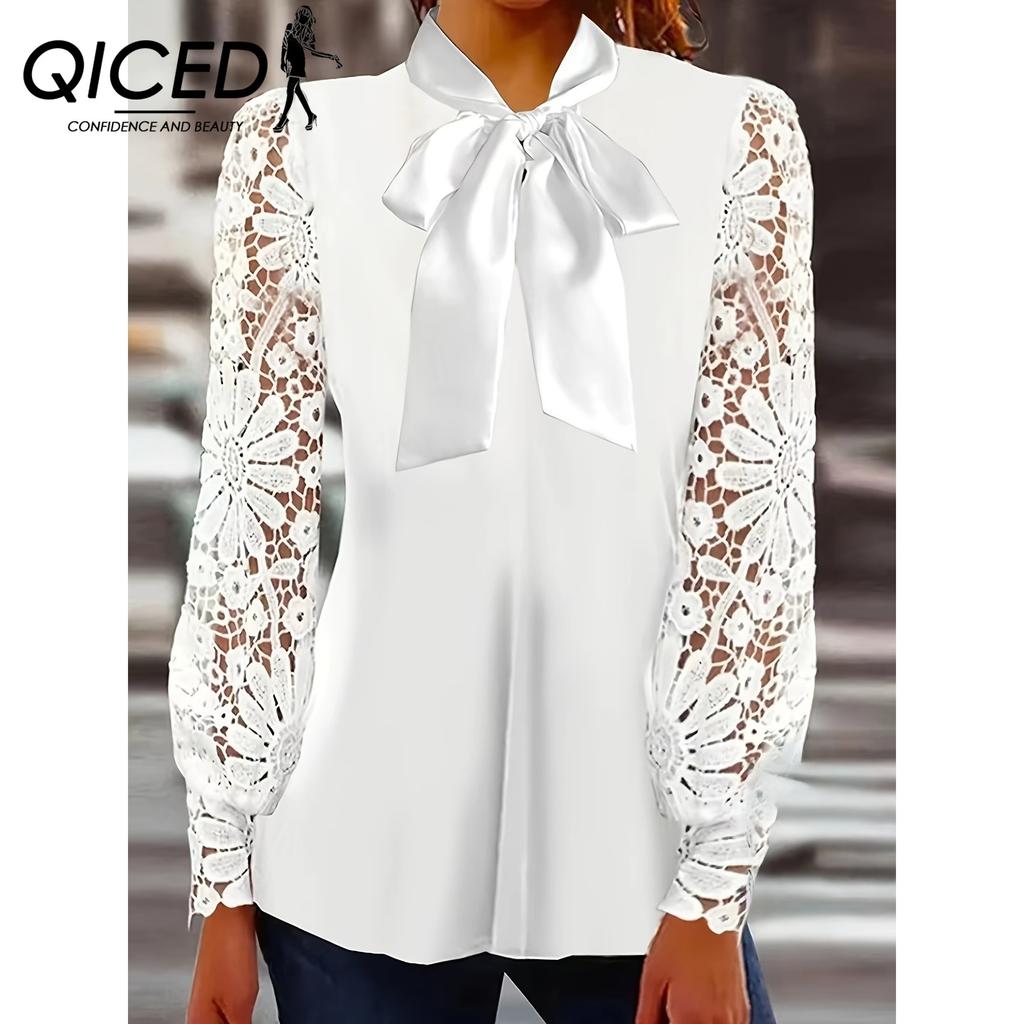 QICED Spring Summer Fashion Women's Lace Lace Sleeves Solid Color Ribbon Satin Shirt