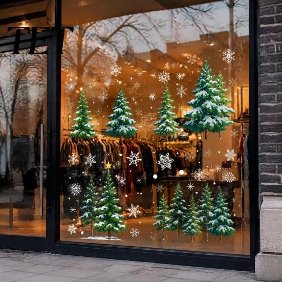 Snowflake Glass Sticker 2Pcs Christmas Window Clings, Winter Green Pine Tree Static Scene Decoration Stickers, Snow Dots Xmas Decals for Home