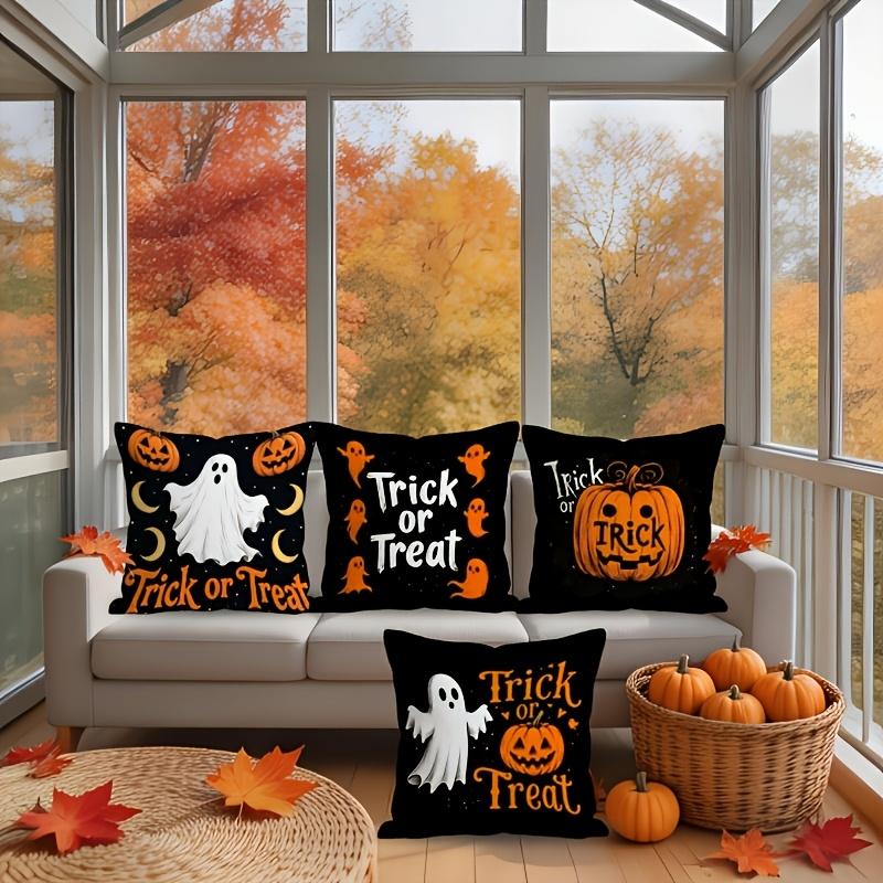 4pcs 2D Flat Double-Sided Printed Halloween Throw Pillow Covers, Multi-Sizes Cushion Cases with Pumpkin Ghost Pattern, Spooky Autumn Decor for Living