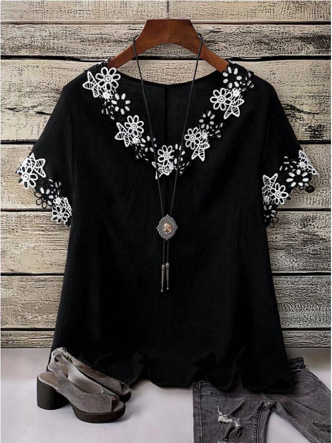 2026 European Plus Size Women's Summer Lace Patchwork Short Sleeve Shirt