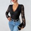2025 Elegant European & American Lace V-neck Black Jumpsuit with Sexy Hollow Back.