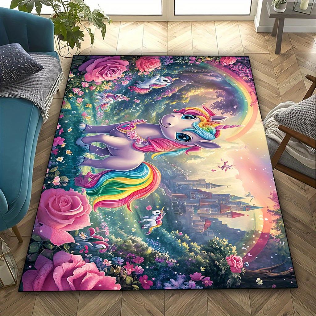 Product 1pc Rainbow Unicorn Pattern Printed Mat,Indoor Area Decorative Mat,Table and Chair Anti-Slip Mat,Outdoor Camping Mat,Non-Slip,Hair-F