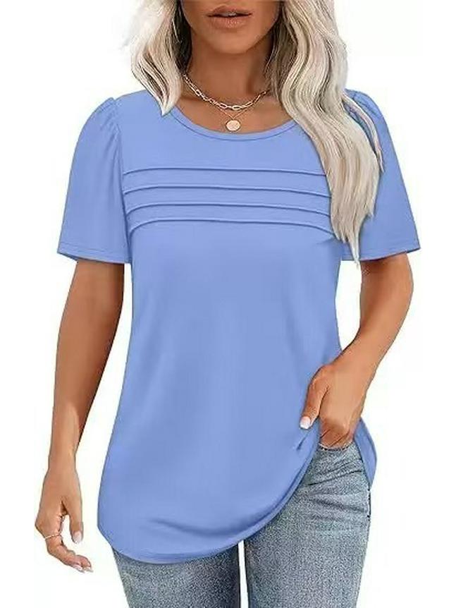 Women's Casual Pleated Loose T-shirt, Round Neck, Short Sleeve, Summer 2026 Collection