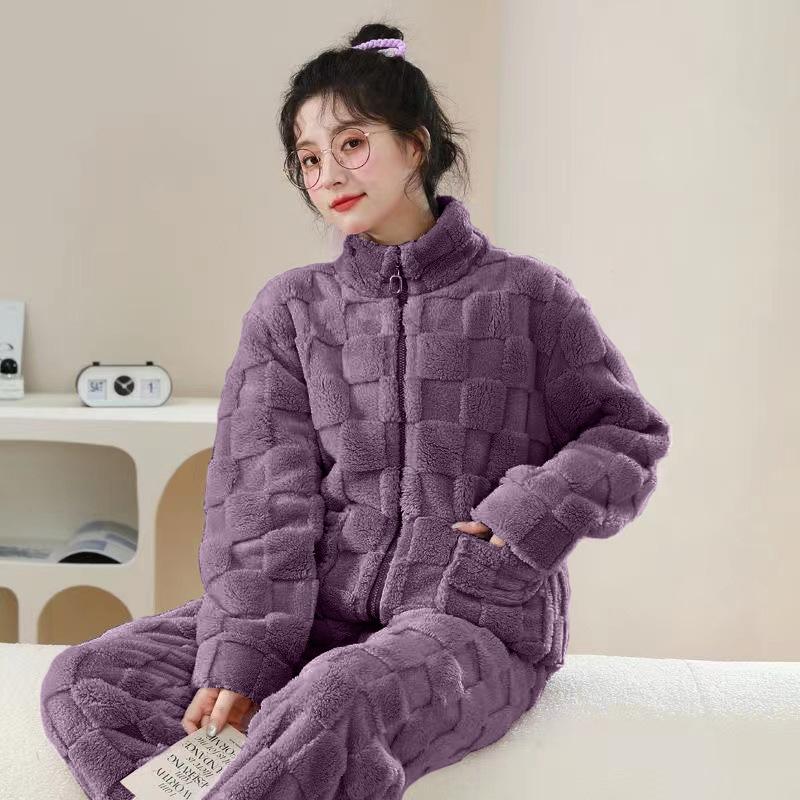 Flannel Thickened Velvet Pajamas Set Winter Long-sleeved Coral Velvet Pajamas for Women Warm Simple Solid Color Home Clothes