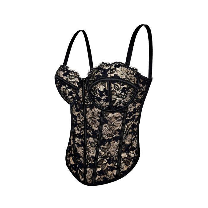 Spicy Girl Lace Camisole: Black Boning Autumn/Winter Inner Wear with Chest Pads, Beautiful Back Design