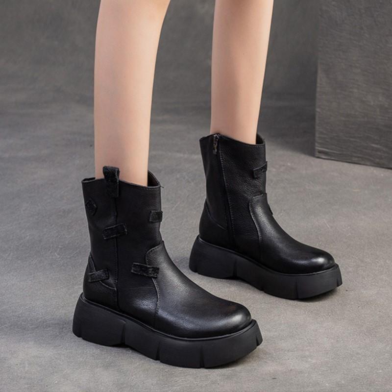 Johnature British Style Thick Soled Genuine Leather Mid-calf Boots Versatile Women's Flat Platform Shoes