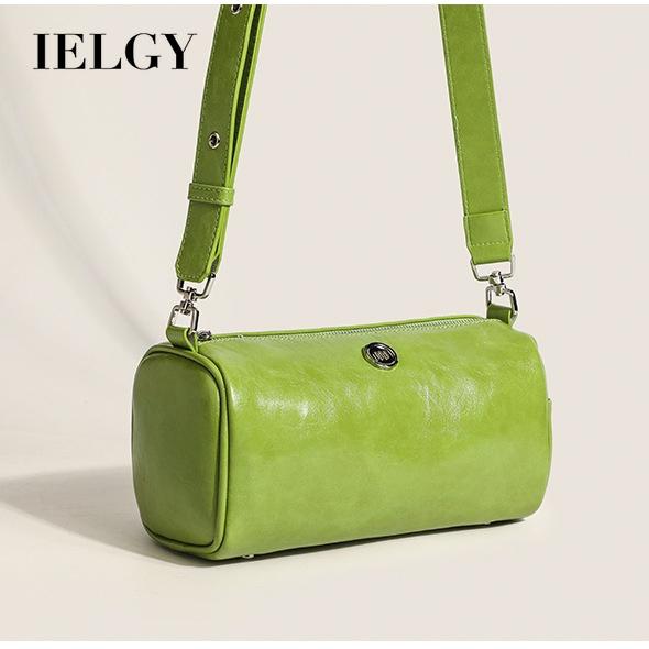 IELGY simple oil wax leather solid color cylindrical women's bag, versatile soft surface small round bag, shoulder messenger bag
