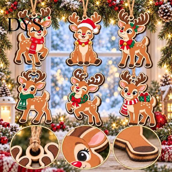 Winter Seasonal Ornaments 6Pcs Wooden Reindeer Christmas Ornament, Cute Deer Hanging Decor Tree Accessories with Jute String, Holiday Pendant for Home