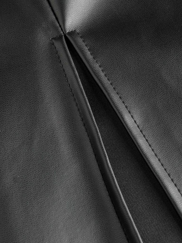 Solid Color PU Leather High Waist Ruched Midi Skirt with Drawstring Slit