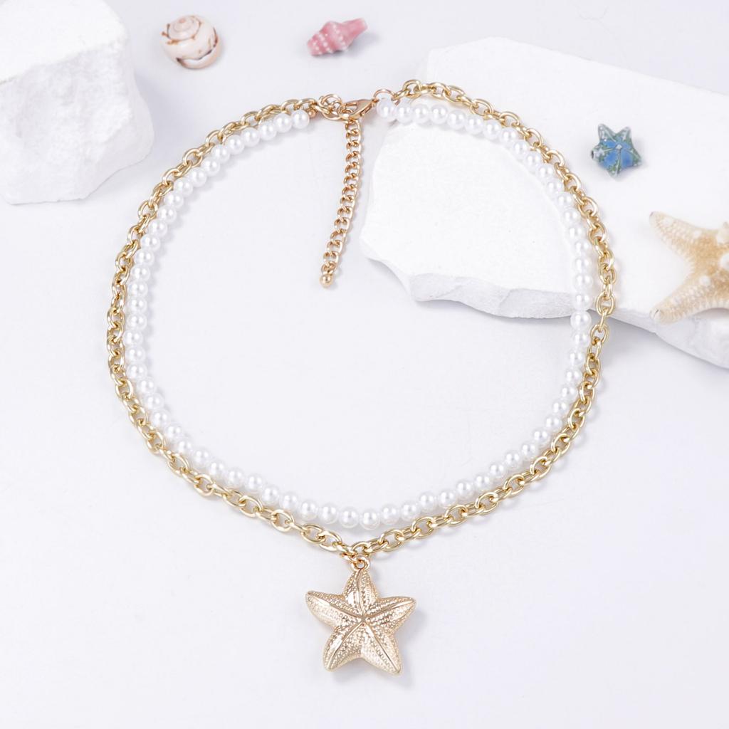 European and American simple and fashionable imitation pearl chain double stacked wearing CCB starfish pendant necklace casual ocean style