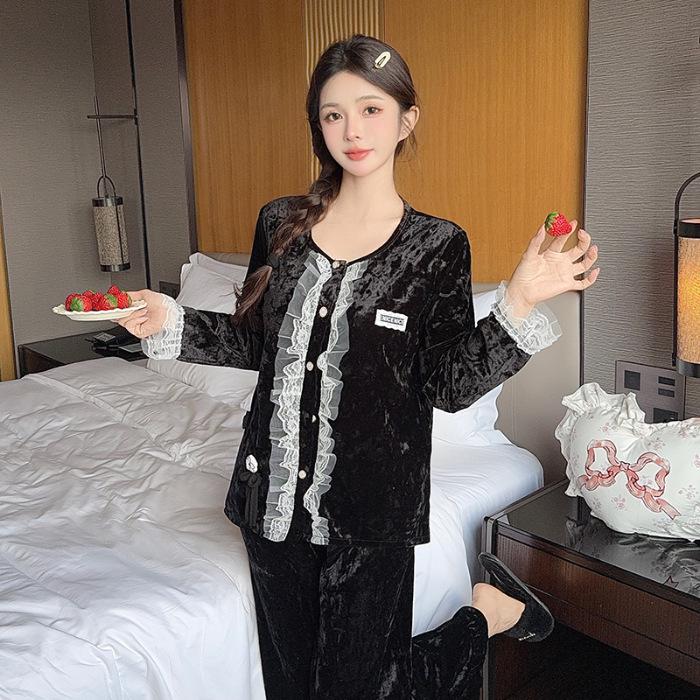 Luxurious Women's Long-Sleeve Gold Velvet Pajama Set