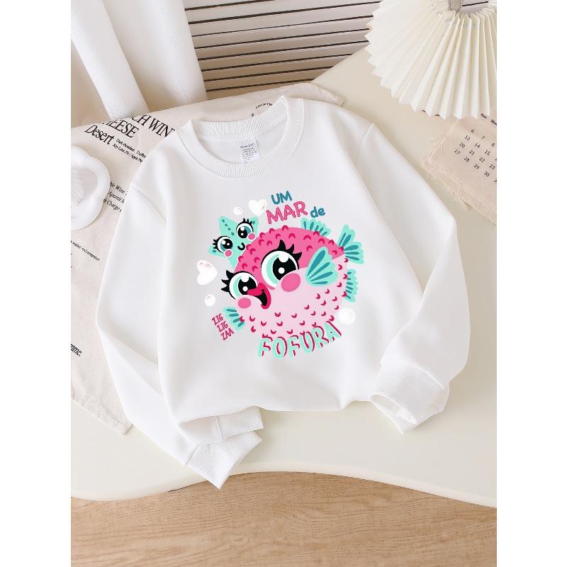 Girls' Crew Neck Sweatshirt Cute Fish with Star And Text, Soft Cozy Pullover, Warm Casual Outfit for Autumn And Winter