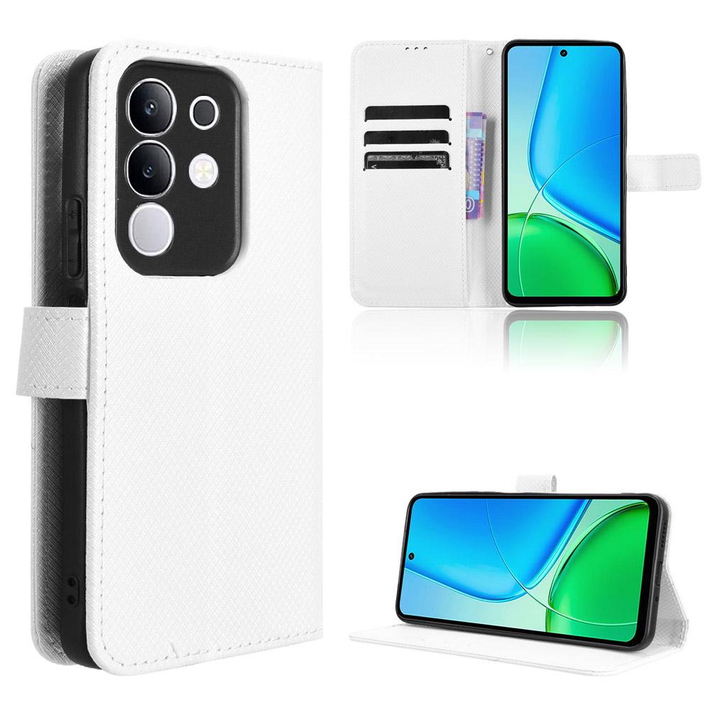 

For vivo Y29 4G Leather Wallet Case with Strap Diamond Texture Phone Cover White