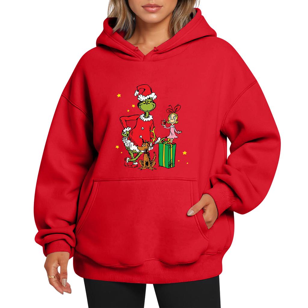 Ladies' Christmas Style Printed Hoodie With Wool And Pockets For Women