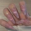 24pcs Pink Almond French Press On Nails 3D Bow Knot Flower Pearl Ballet Nail Art Tips