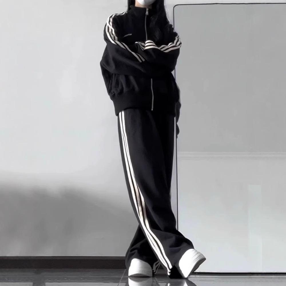 Women's Autumn Campus Casual Set: Three-Stripe Zip-Up Jacket and Sweatpants