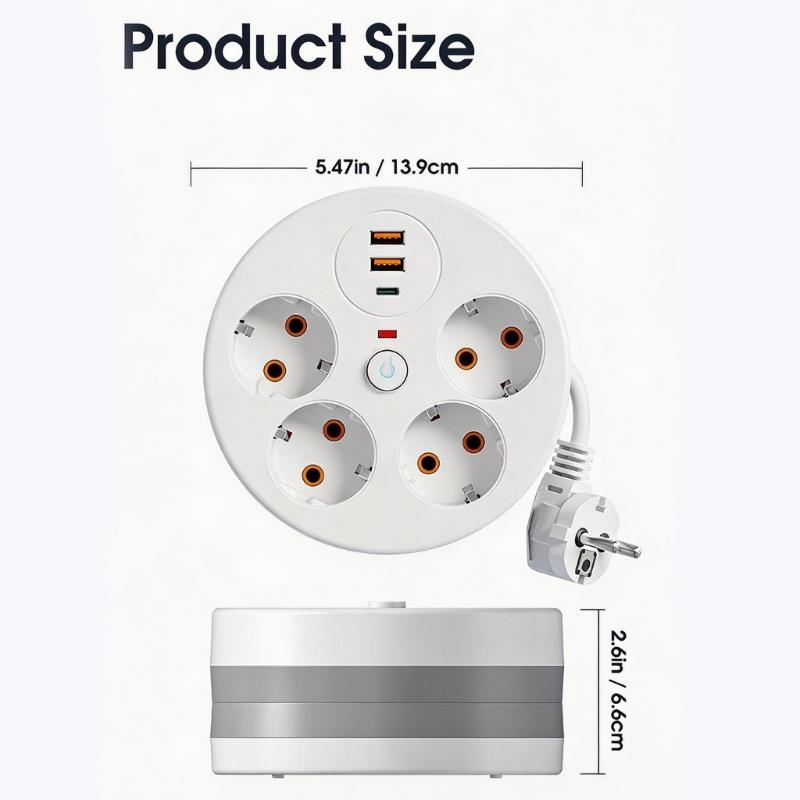 Power Extension Block Intelligent Design 4 Outlet 3 USB Charging Port 280Cm Adjustable Length Cable with Protections