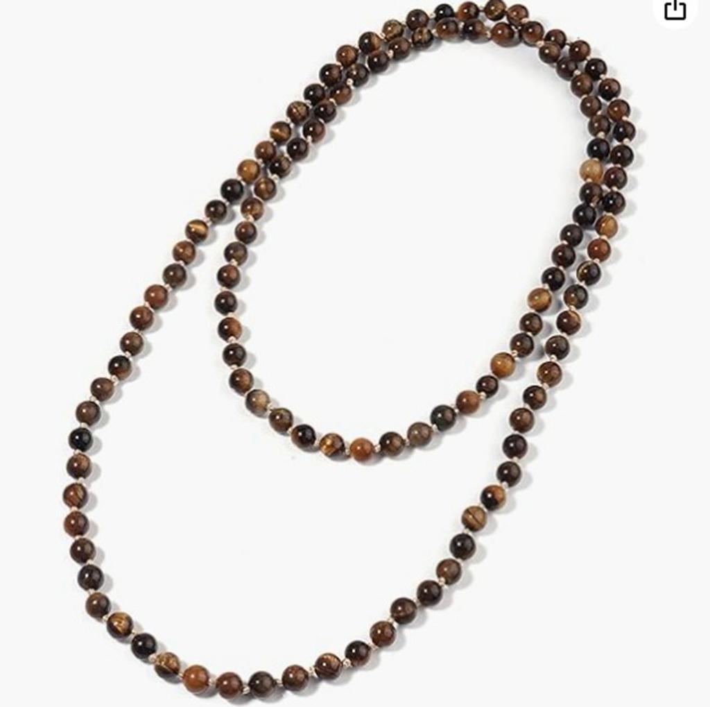 Collana con Perle di Pietra Naturale da 108 con Nodi e Nappe Occhio di Tigre Giallo per Meditazione Yoga Preghiera e Catena per Maglione