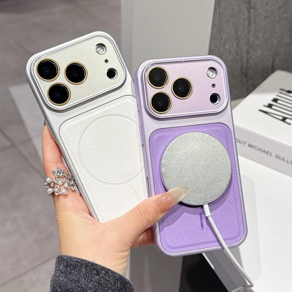 Matte Leder Magnetische Kabellose Lade Handyhülle Für iPhone 13 14 15 16 17 Pro Max Glaslinse Großes Fenster Schutzhülle