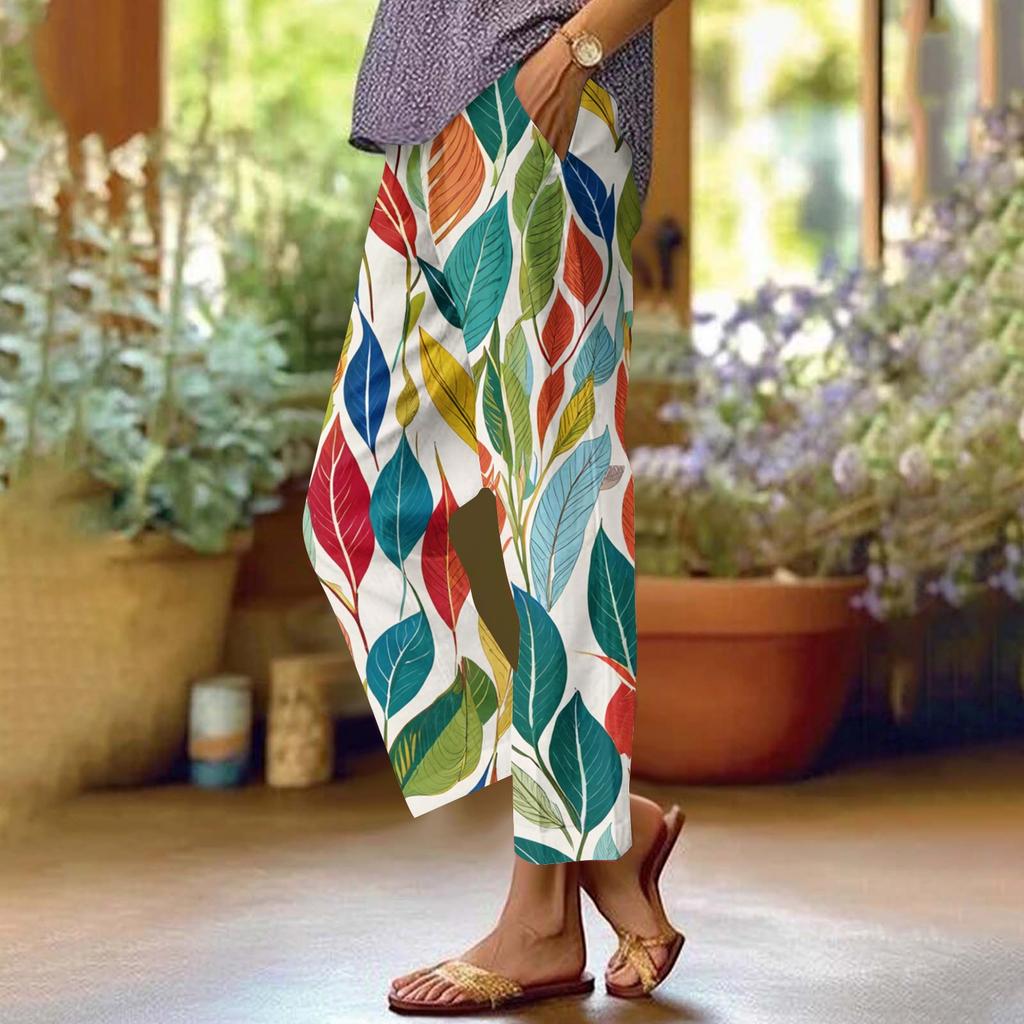 Women's Casual Fashion Floral Printed Straight Leg Pants Pants With Pockets