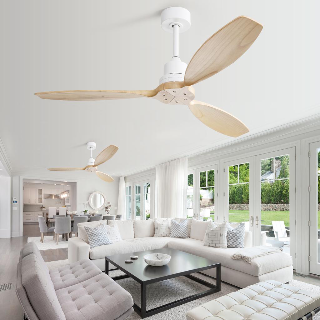 Ventilatore da soffitto da 52 pollici senza illuminazione con pale in legno massello, 6 livelli di velocità e telecomando per patio e soggiorno