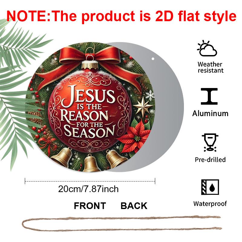 2D Flat, 1pc "Jesus Is the Reason for the Season" Round Aluminum Sign, Holiday Farmhouse Decor, Durable Door and Wall Art, Suitable for Home, Bar
