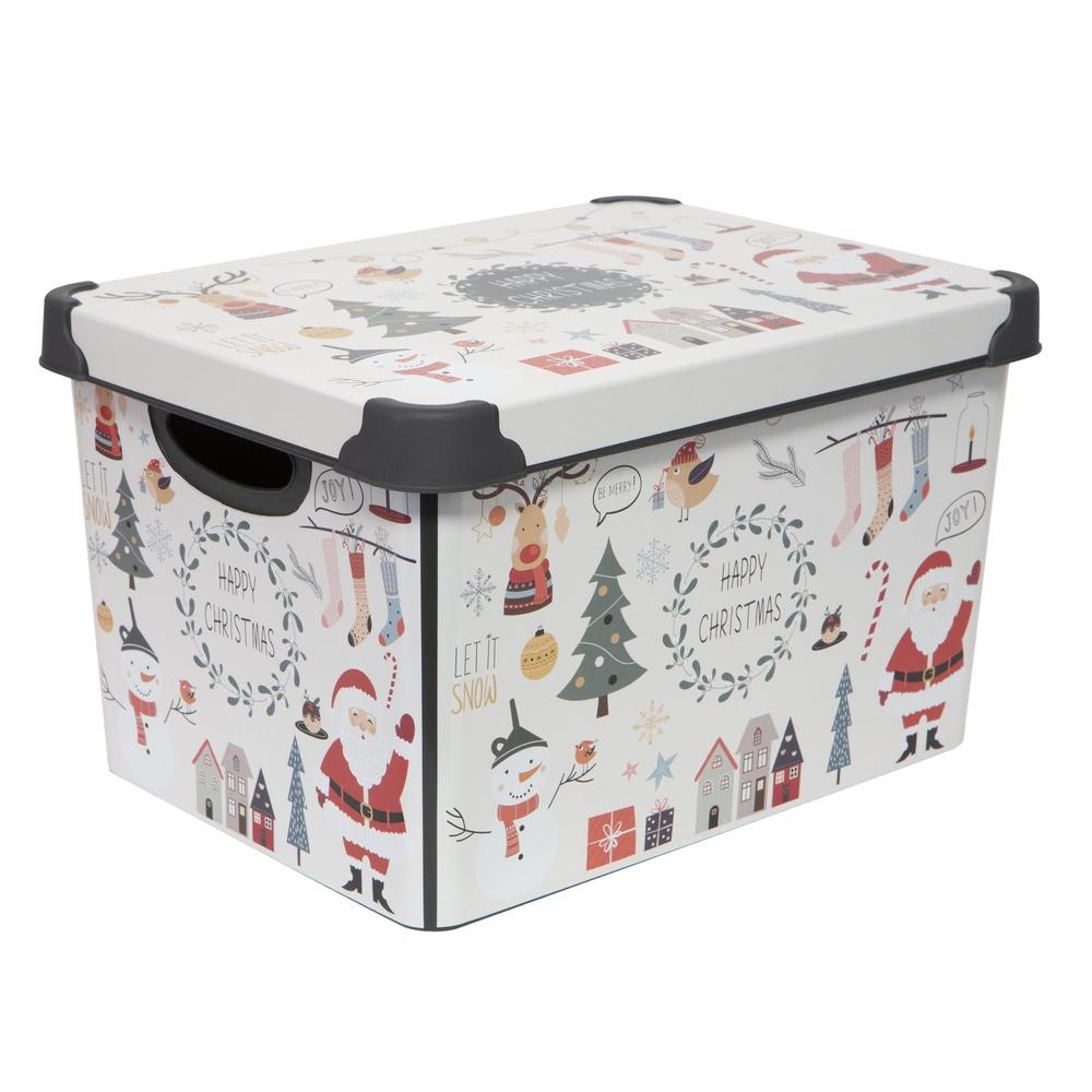 

Happy Christmas Design Storage Tote 7.48 Gallon Stackable Plastic Bin with Removable Lid Holiday Décor Gift Box Carrying Handles United States
