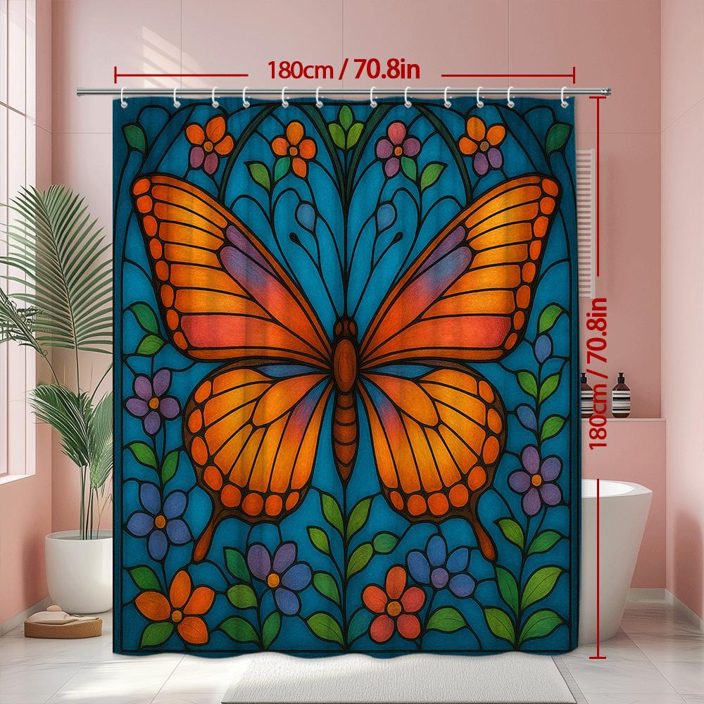Stained Glass Butterfly Shower Curtain Colorful Art Design Floral Pattern Elegant Bathroom Decor Waterproof Non-Toxic Material