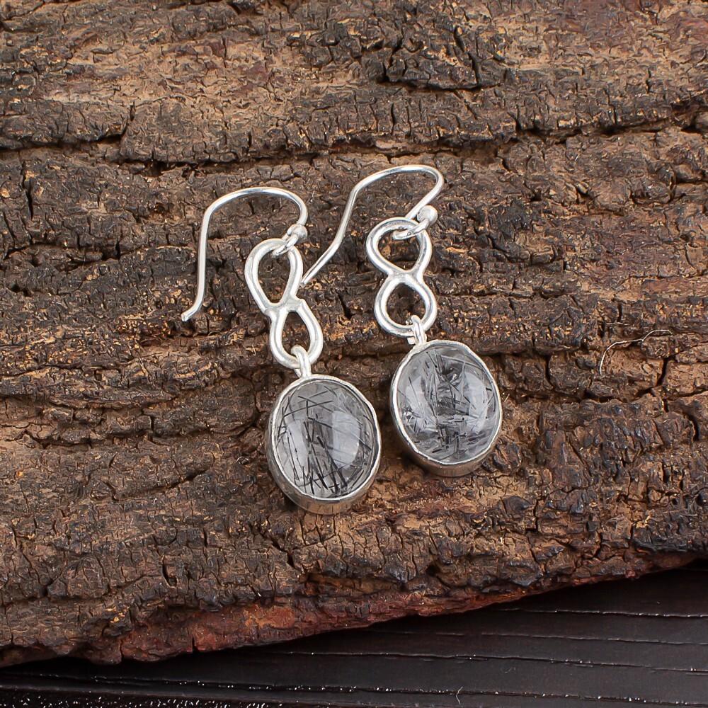 

Черный рутил драгоценный камень 925 стерлинговое серебро ювелирные изделия ручной работы свисающие серьги 1,60 EE-12-26