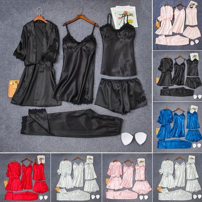 5 peças femininas de cetim renda camisola calças shorts camisola robe pijama lingerie