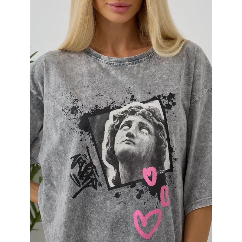 Western Style Fashion Casual Loose Washed Distressed Print Short Sleeve T-shirt Top Printed T-shirt Top