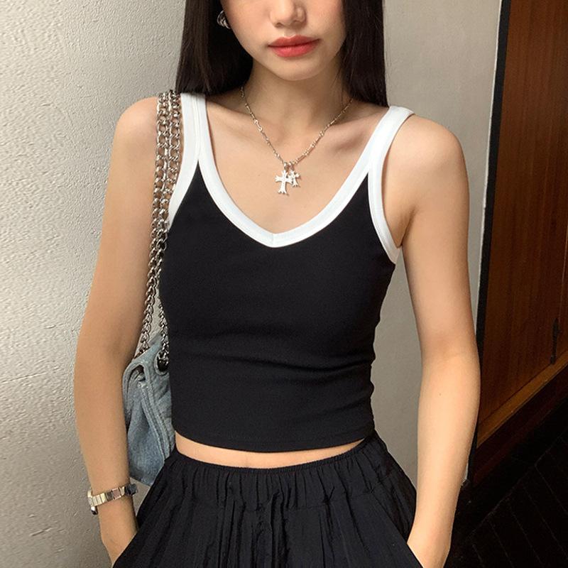 

Короткий жилет на подтяжках для женщин, летний новый контрастного цвета, с высокой талией, V-образным вырезом, без рукавов, базовый топ XL