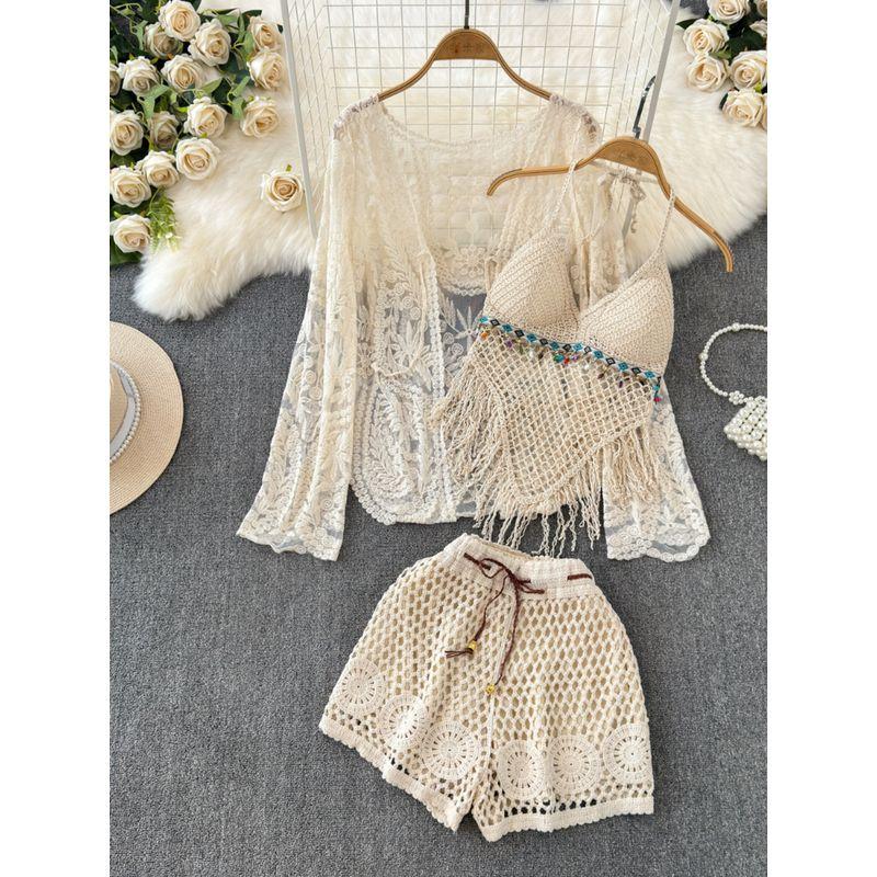 Vacation Style Embroider Cardigan Tassel Halter Cut-out Lace