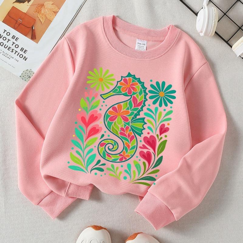 Kids Crewneck Sweatshirt, Colorful Floral Seahorse Creative Print,Daily Casual Top for Spring & Autumn