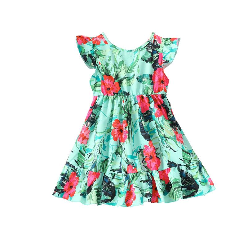 Girls' Dress Children'S Clothing New Spring-Summer Style With Flying Sleeves Cute Bow On The Back Casual Printed Dress