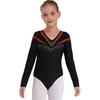 Girls Long Sleeve V Neckline Dance Leotards Shiny Rhinestone Decorated Contrast Color Slim Fit Unitard