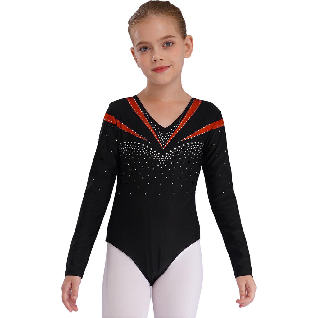 Girls Long Sleeve V Neckline Dance Leotards Shiny Rhinestone Decorated Contrast Color Slim Fit Unitard