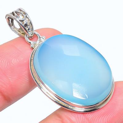Natürlicher Aqua Chalcedon Edelstein 925 Massiv Sterlingsilber Anhänger 1,73" u7T15