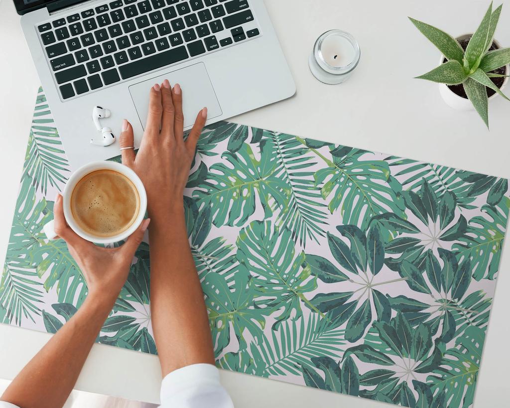 Anti-Slip Protective Desk Mat with Tropical Leaves Graphic 90x45 Cm