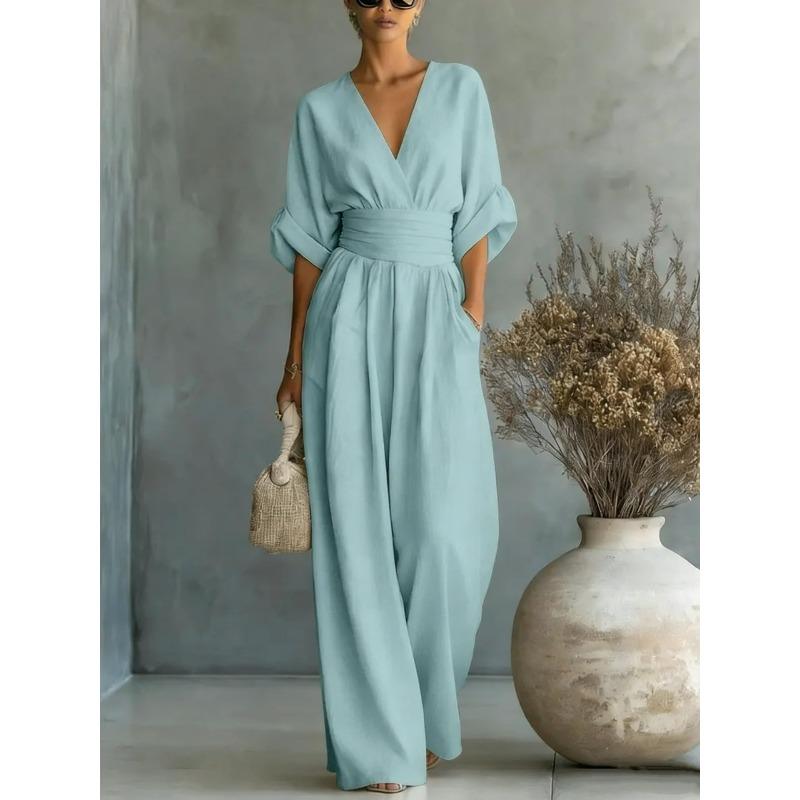 Women's V Neck Short Sleeve Wide Leg Jumpsuit Wrap Waist Elegant Casual Outfit