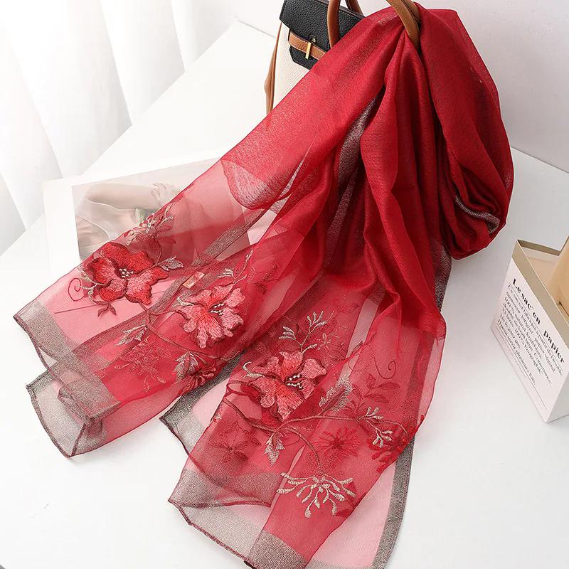 Fashion silk wool scarf women hijab pashmina shawls wrap Luxury Bandana Blanket Floral Pashmina Embroidery Scarves Foulard