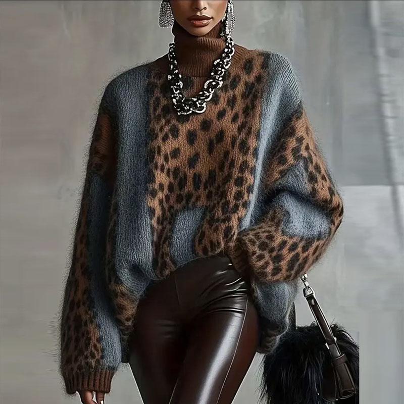 Sexy Patchwork Leopard Print Woman Sweater Autumn Turtleneck Loose Knitwear Top Pullover Winter Long Sleeve Warm Sweaters Jumper