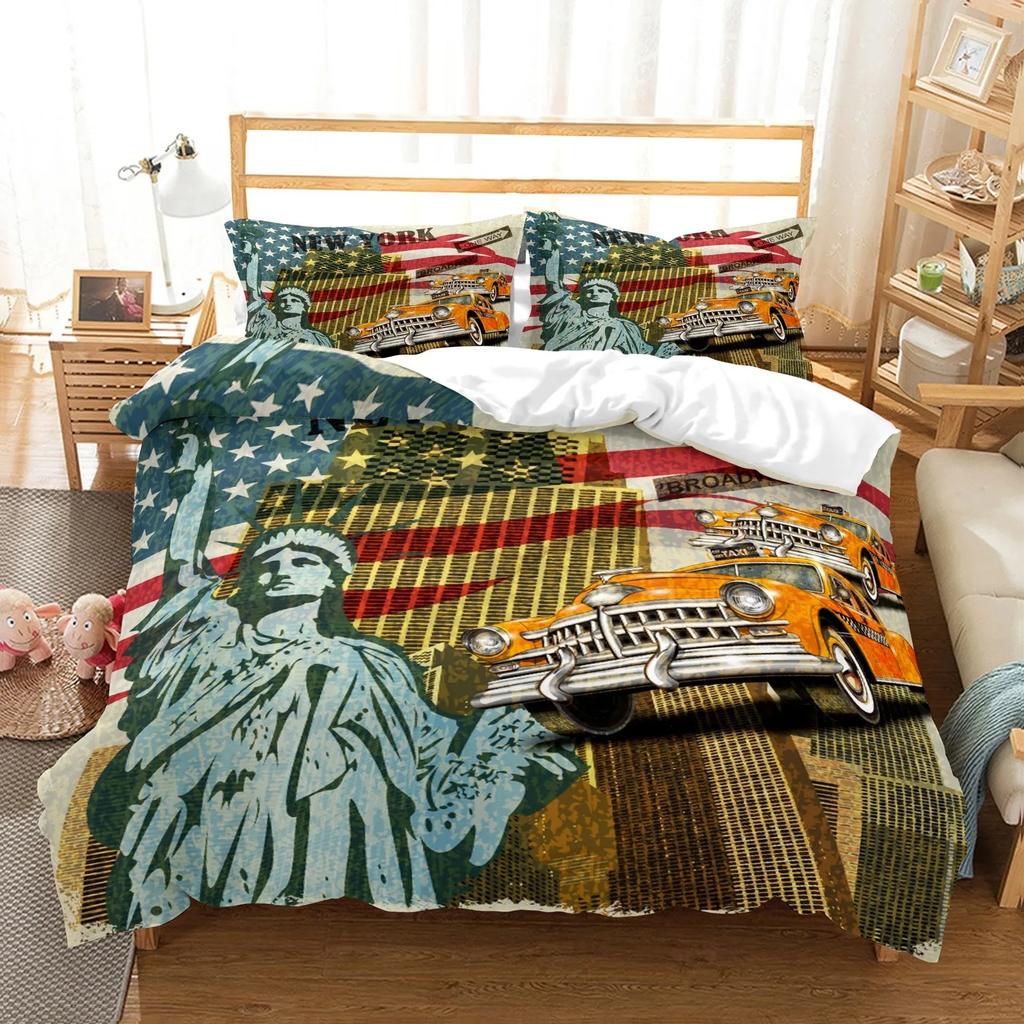 New York Statue of Liberty Duvet Cover King Queen Size Retro Car Nostalgic 50s Bedding,Vintage Car Polyester Quilt Cover for Men