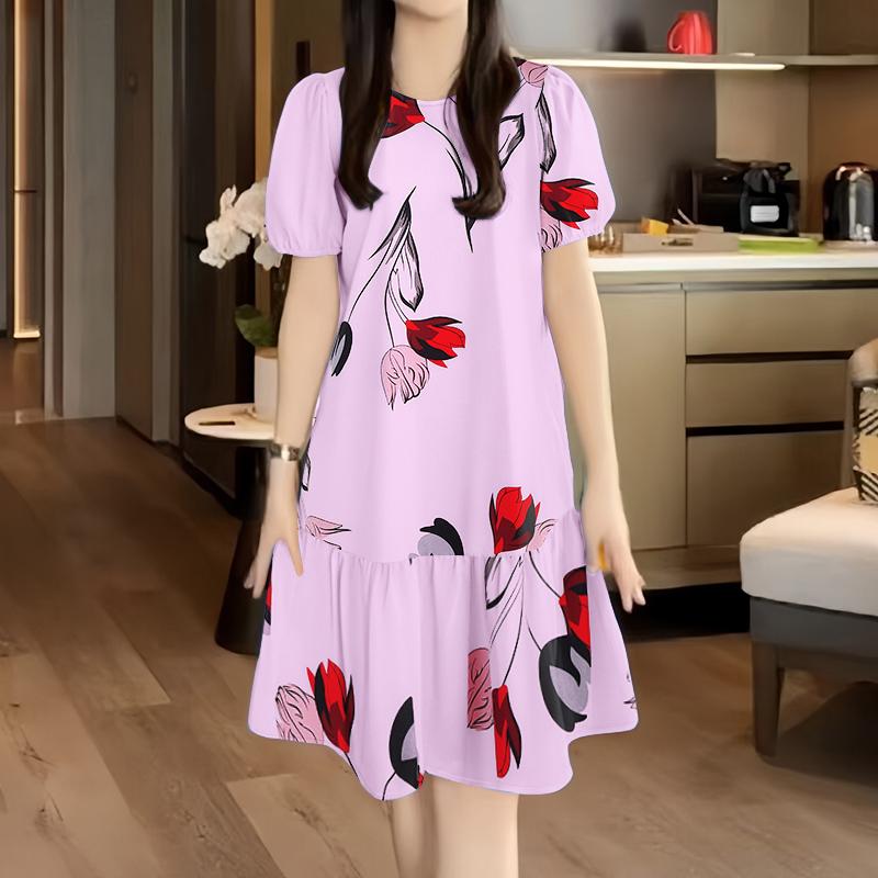 

ZANZEA Women Casual Round Neck Short Sleeve Loose Print Dress 5XL світло-фіолетового кольору