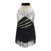 Costume da Ballo Latino da Bambina Brillante con Paillettes, Scollo all'Americana, Senza Maniche, Rete in Vita, Foro sulla Schiena, Body Metallico con Frange