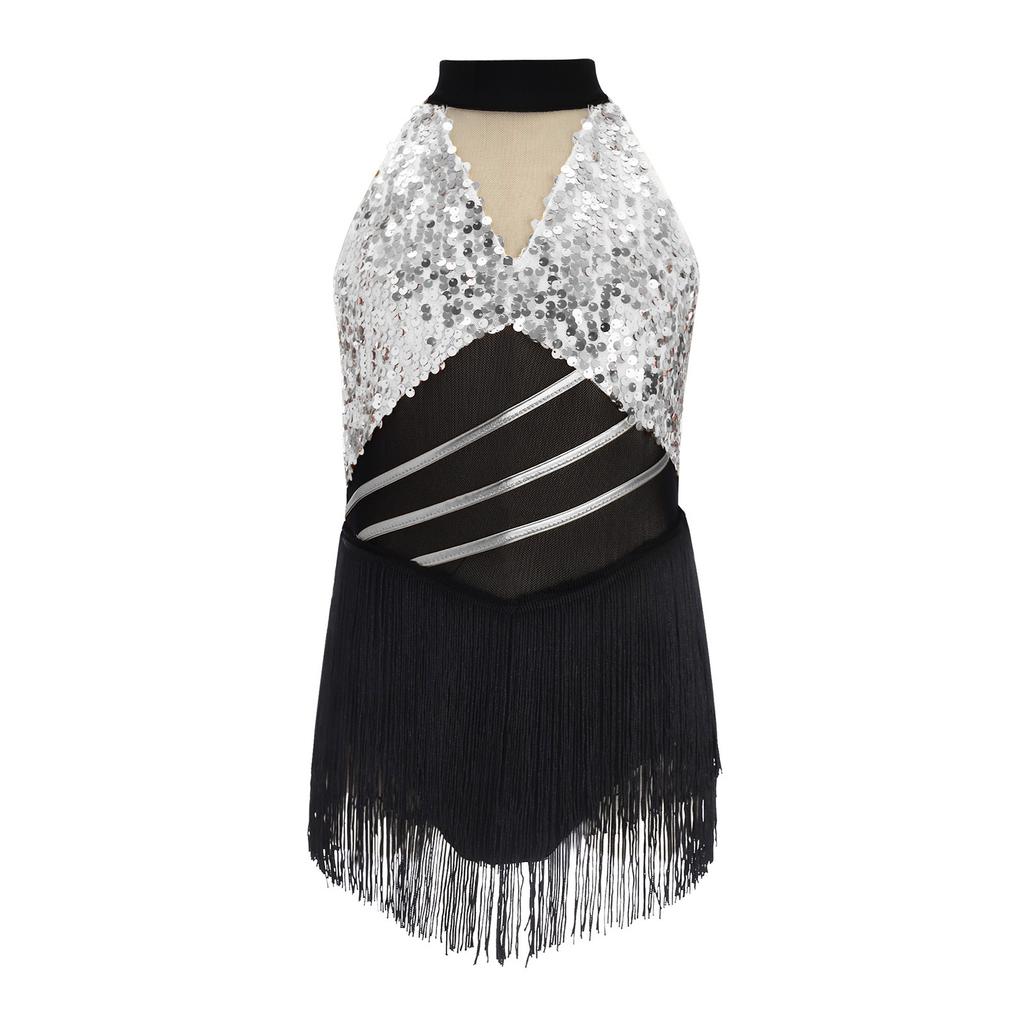 Costume da Ballo Latino da Bambina Brillante con Paillettes, Scollo all'Americana, Senza Maniche, Rete in Vita, Foro sulla Schiena, Body Metallico con Frange